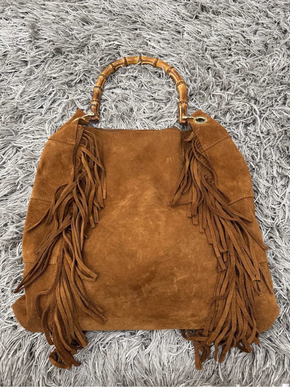 Marlon genuine leather - Suede Fringe Tote with Bamboo Handle - Brown